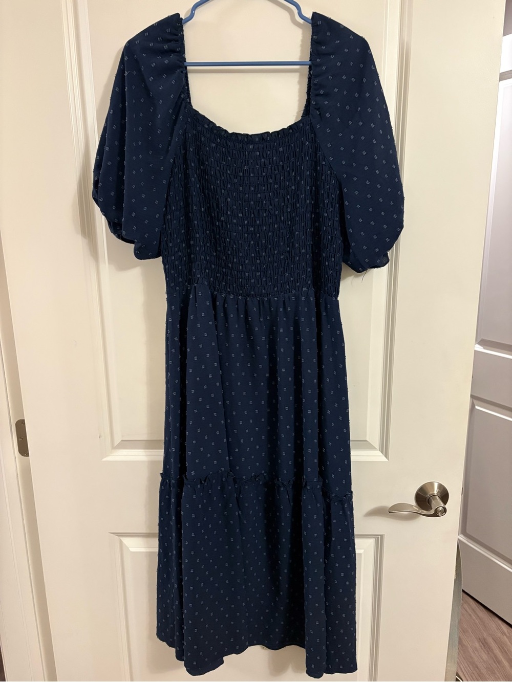 PrettyGarden Navy Blue Smocked Midi Dress with Puff Sleeves